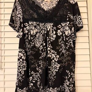 Misia Chang Black & White Floral Blouse with Lace Trim Size XXL Gothic Top